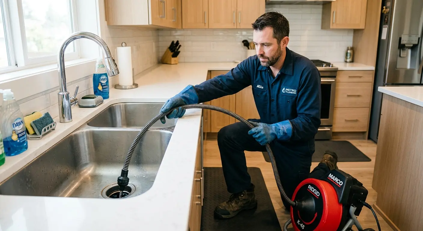 Drain cleaning technician using a motorized snake on a kitchen sink in Brownstown