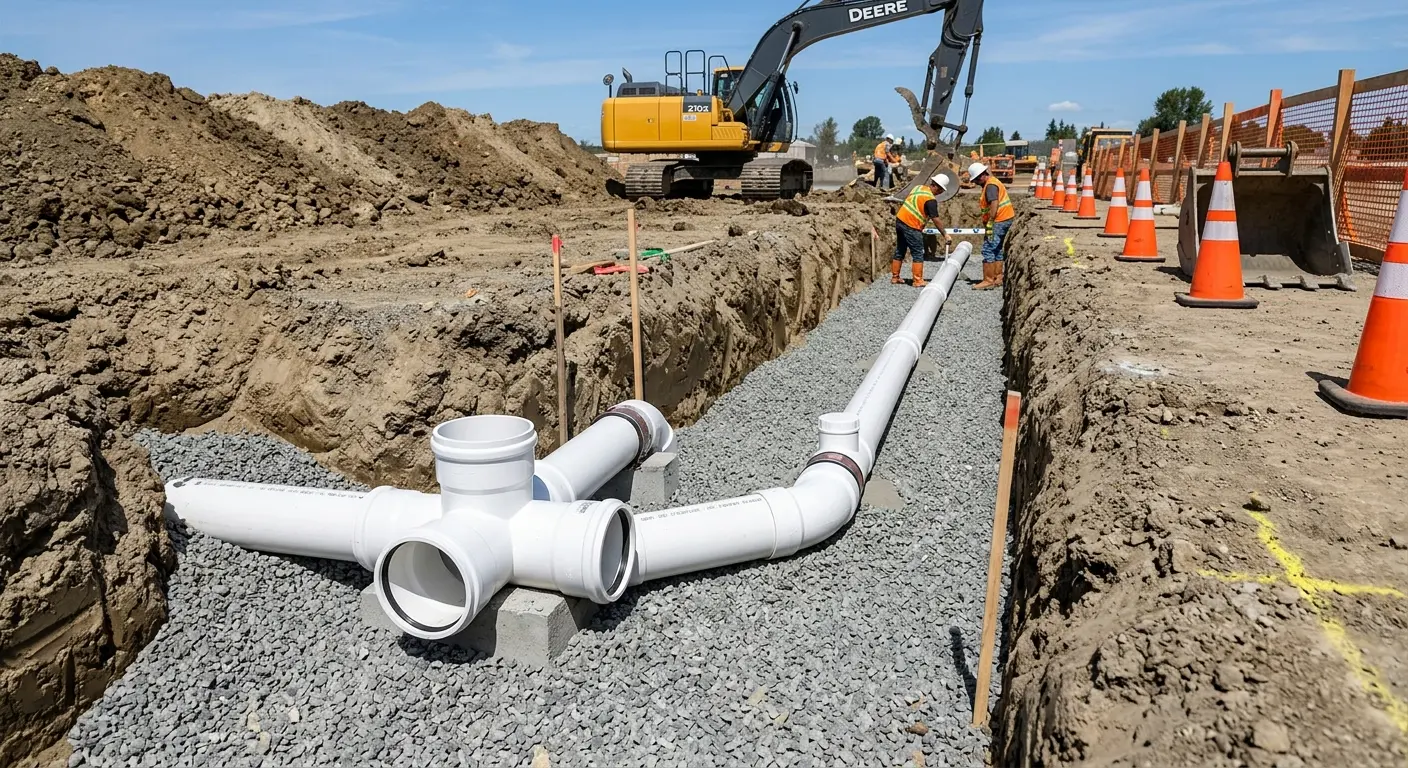New PVC sewer pipe installation in open trench for Commercial Drain Cleaning in Brownstown