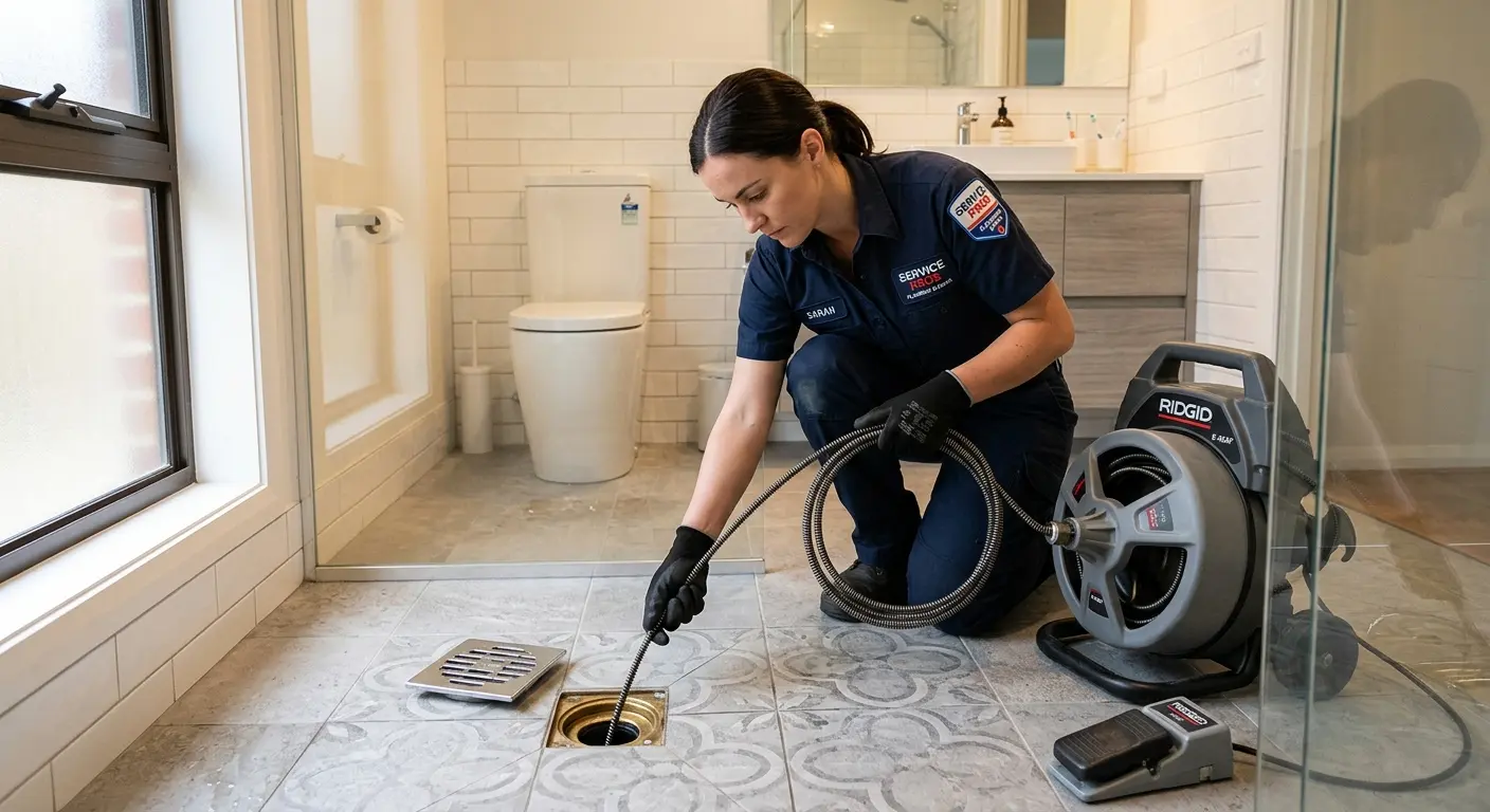 Technician clearing a bathroom floor drain for Drain Repair in Brownstown